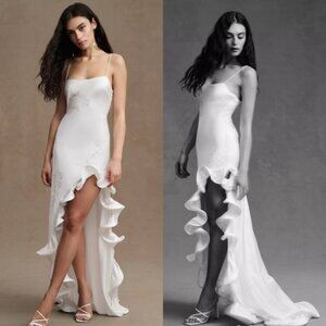 Ronny Kobo Valencia Flounce-Hem High-Low Gown Anthropologie White 14